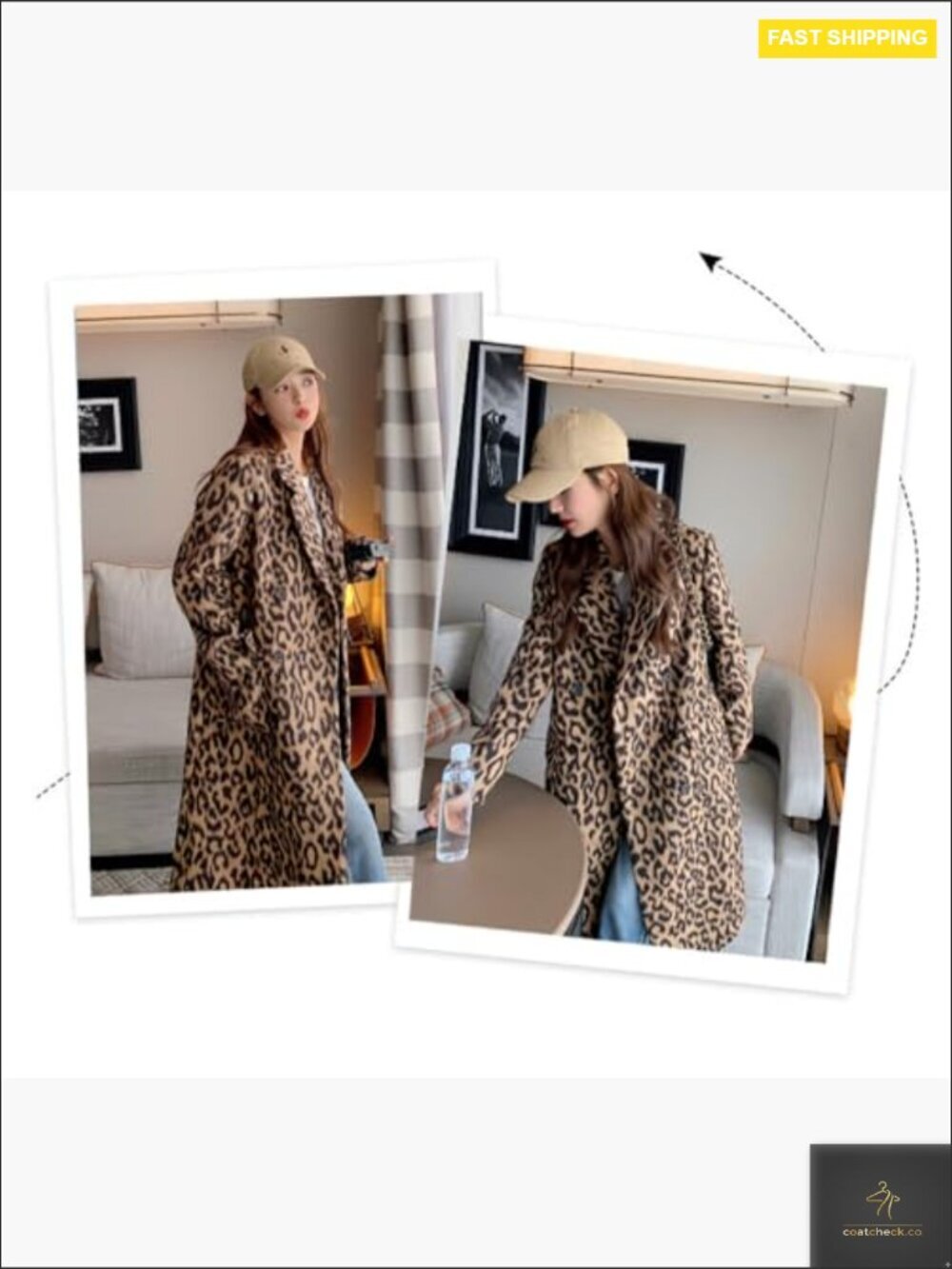 Leopard Print Wool Blend Pea Coat Double Breasted Trench Overcoat Winter Warm - Picture 6 of 7